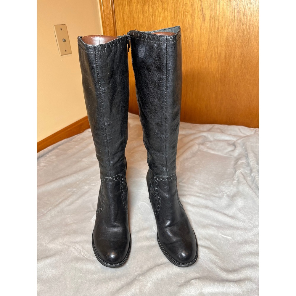 Born Tatiana Black Leather Tall Block Heel Boots Brogue Detail Knee High Sz 9